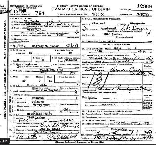 Godfrey H. Lasar death certificate