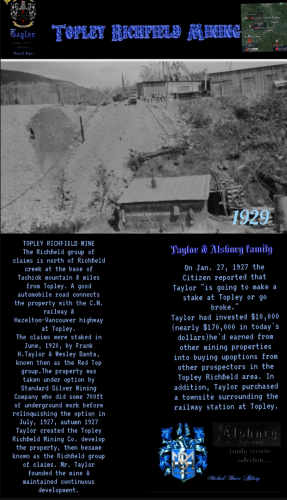 Topley Richfield mining Frank & Gertrude Taylor, maternal Grandparents, Alsbury family records 