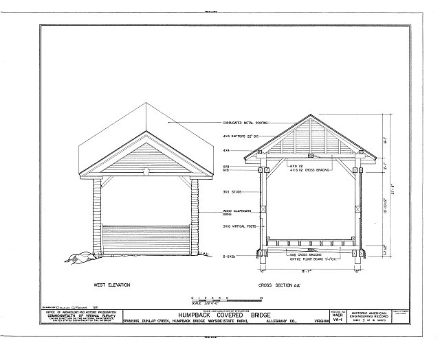 West Elevation; Cross Section A-A - Humpback Covered...