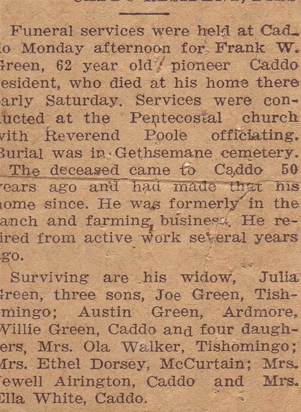 Frank Major Green Obituary 1939
