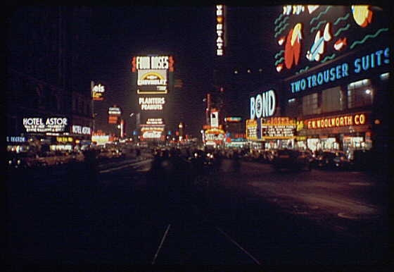New York City views. Times Square, wide shot, toward the...