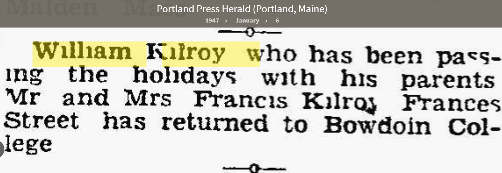 William Carrol Kilroy--Portland Press Herald (Portland, Maine)(6 jan 1947)