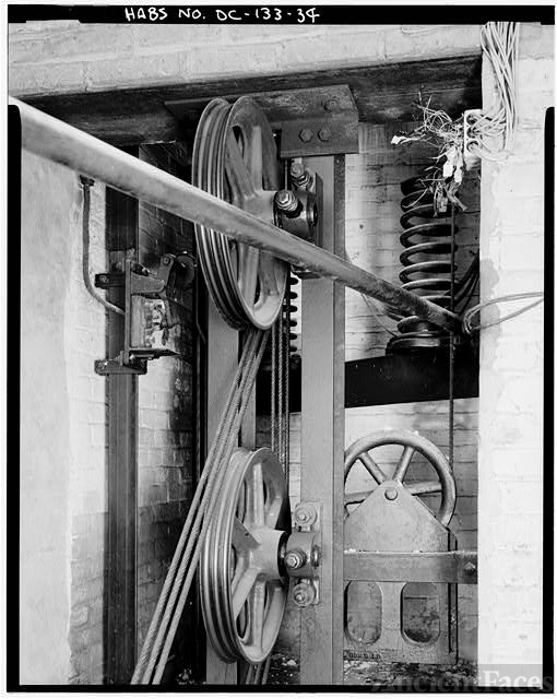 34. DETAIL OF SHEAVES AT BASE OF ELEVATOR SHAFT, LOWER...