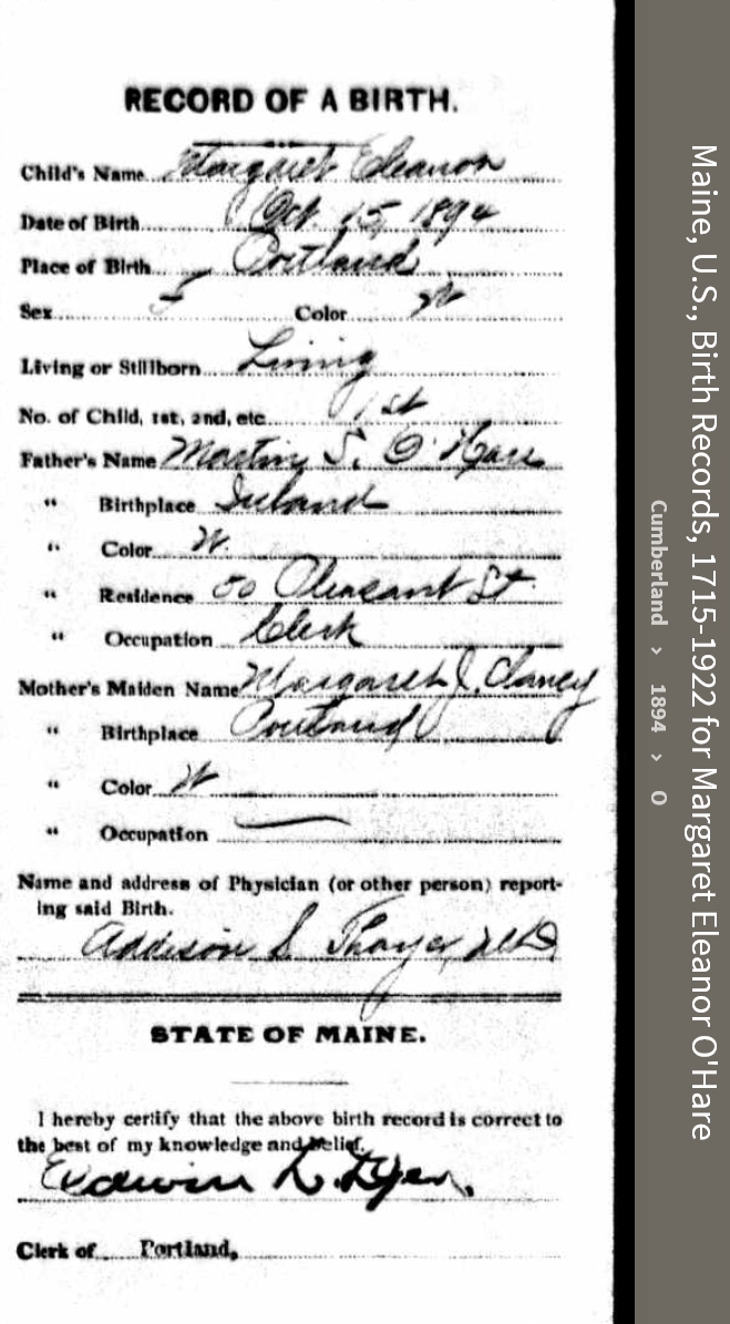 Margaret Eleanor O'Hare--Maine, U.S., Birth Records, 1715-1922(1894)