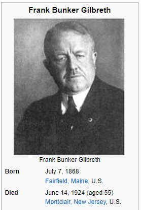 Frank Bunker Gilbreth (July 7, 1868 – June 14, 1924)   Maine - New Jersey