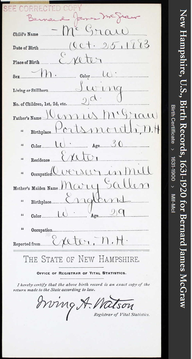 Bernard James McGraw--New Hampshire, U.S., Birth Records, 1631-1920(25 oct 1883)