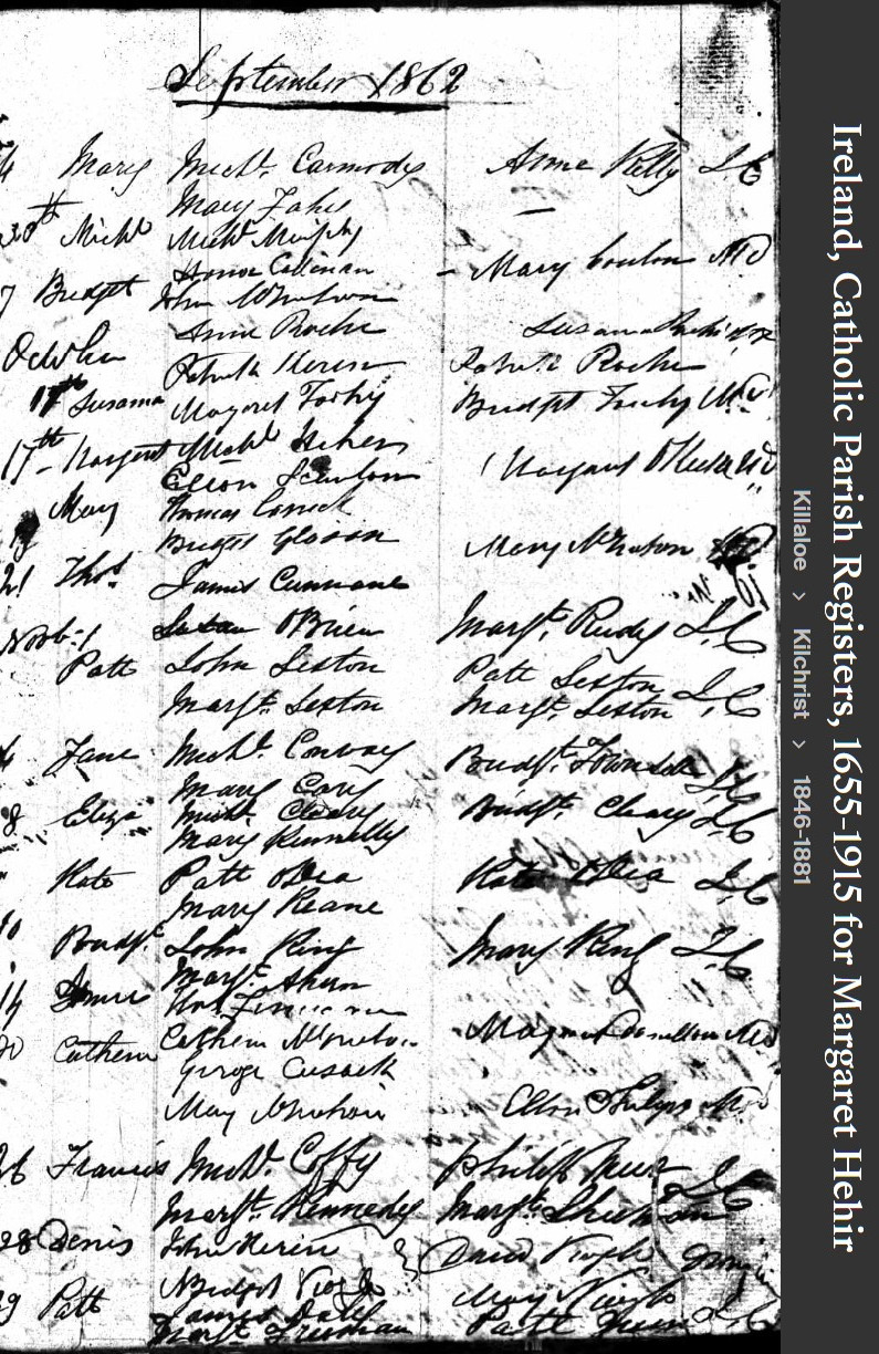 Margaret (Hehir) Clancy --Ireland, Catholic Parish Registers, 1655-1915(17 oct 1962)