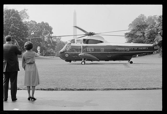 [First Lady Rosalynn Carter and unidentified man wave...