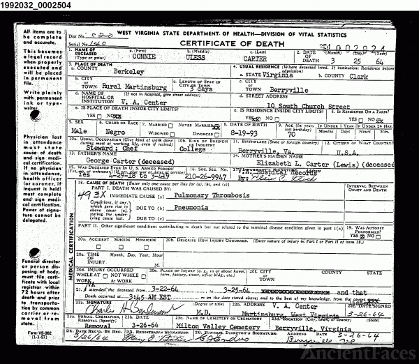 Connie Uless Carter Death Certificate