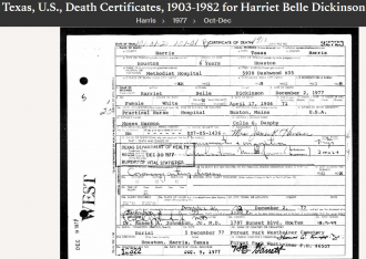 Harriet Bell Harmon-Guiney-Dickinson--Texas, U.S., Death Certificates, 1903-1982(1977)