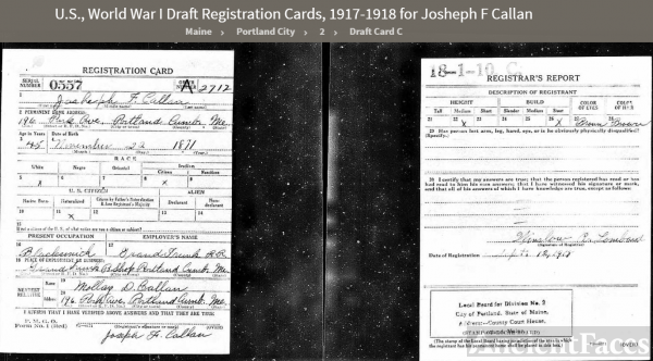 Joseph Francis Callan--U.S., World War I Draft Registration Cards, 1917-1918(12 sep 1918)