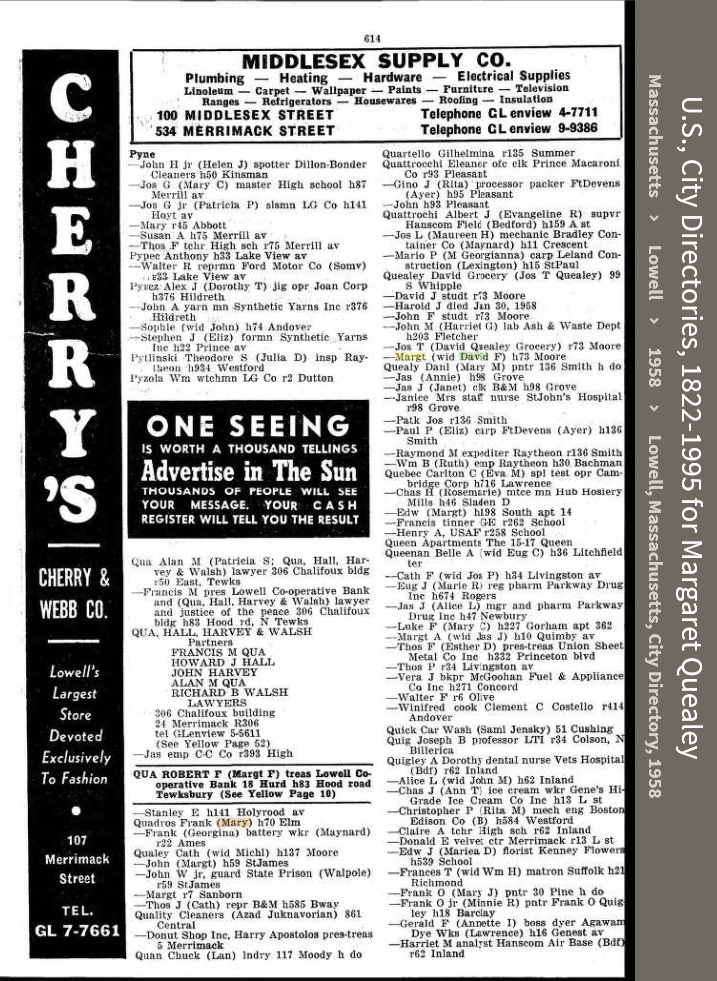 Margaret E. (Hehir) Quealey--U.S., City Directories, 1822-1995(1958)