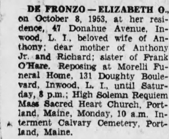 Mary Elizabeth (O'hare) Defronzo --Obituary The Brooklyn Dailey Eagle, fri 9 oct 1953, pg 11