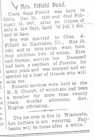 Clarissa Sapp Fifield Obituary 1907
