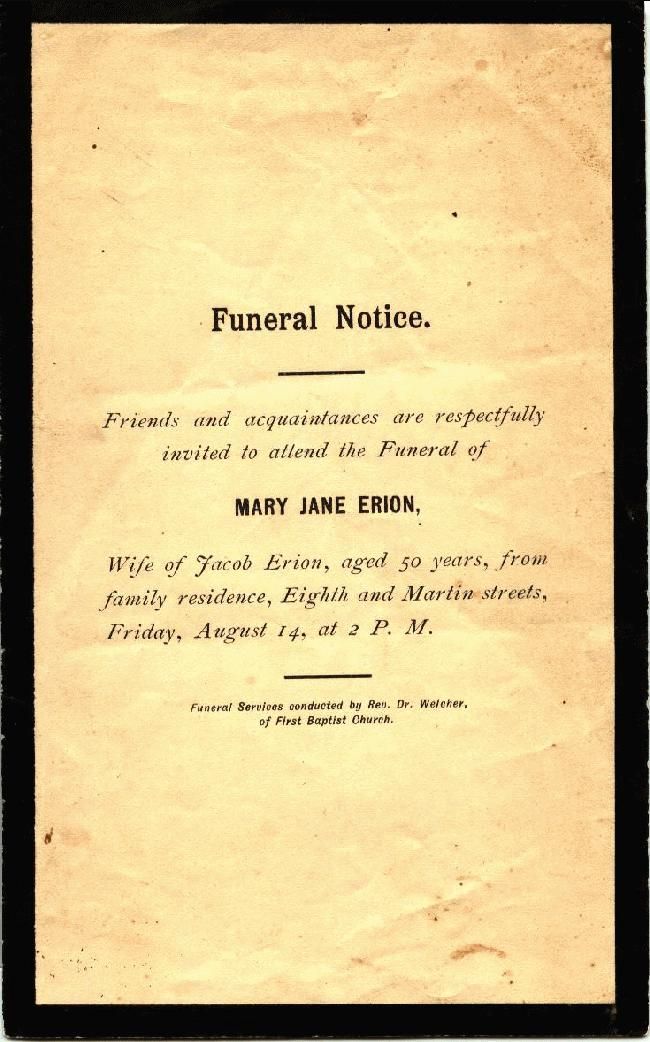 Funeral Invitation for Mary J. (Marrs) Erion