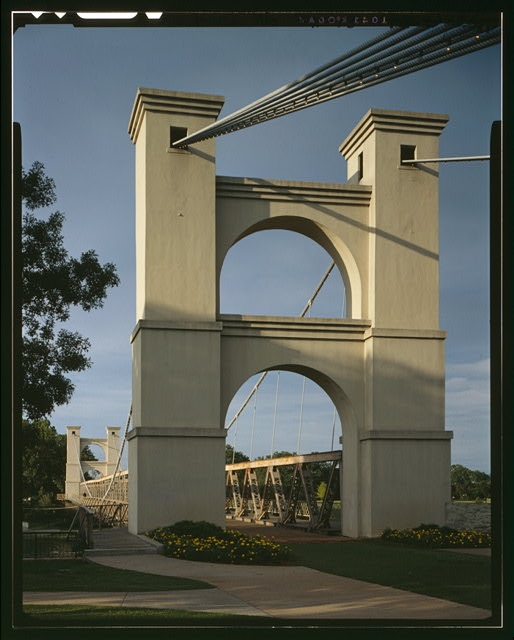 VIEW OF W TOWER FROM NW. - Waco Suspension Bridge,...