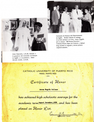 Aurea Negron-Collazo receiving an academic award at the Catholic University of Puerto Rico 1950s.
