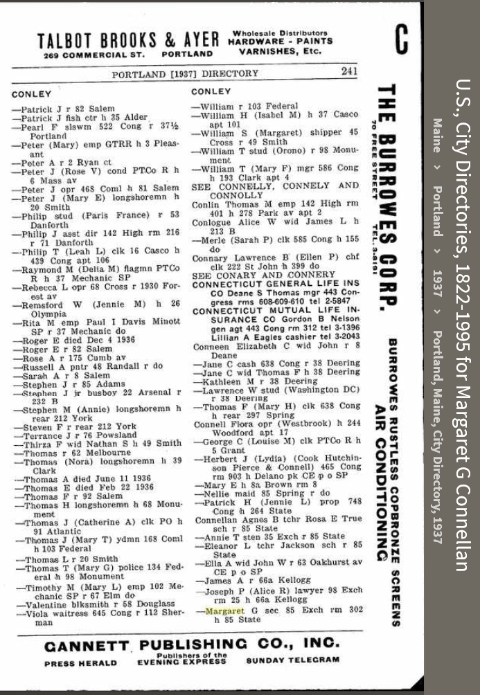 Margaret Gertrude Connellan--U.S., City Directories, 1822-1995(1937)