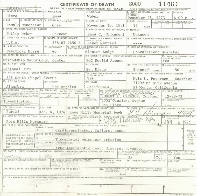 Death Certifacate of Clara Emma Weber