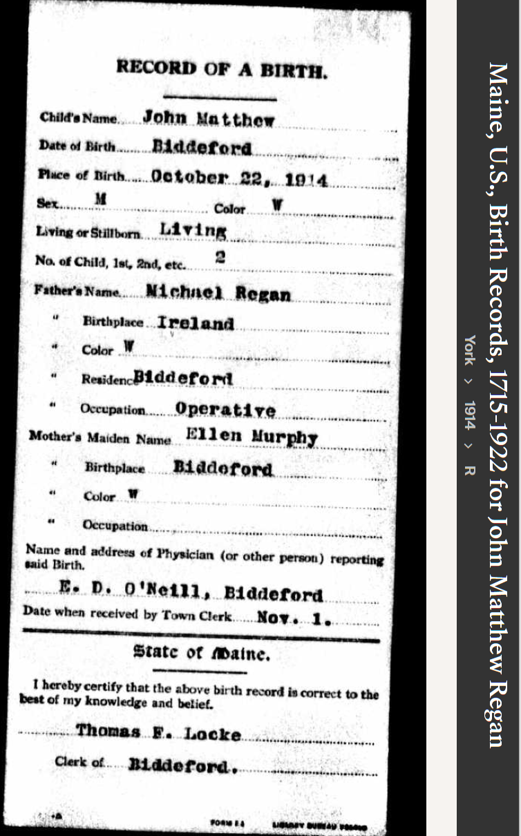 John Matthew Regan--Maine, U.S., Birth Records, 1715-1922(1914)