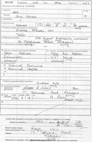 Ann Addison Weir Death Certificate, UK
