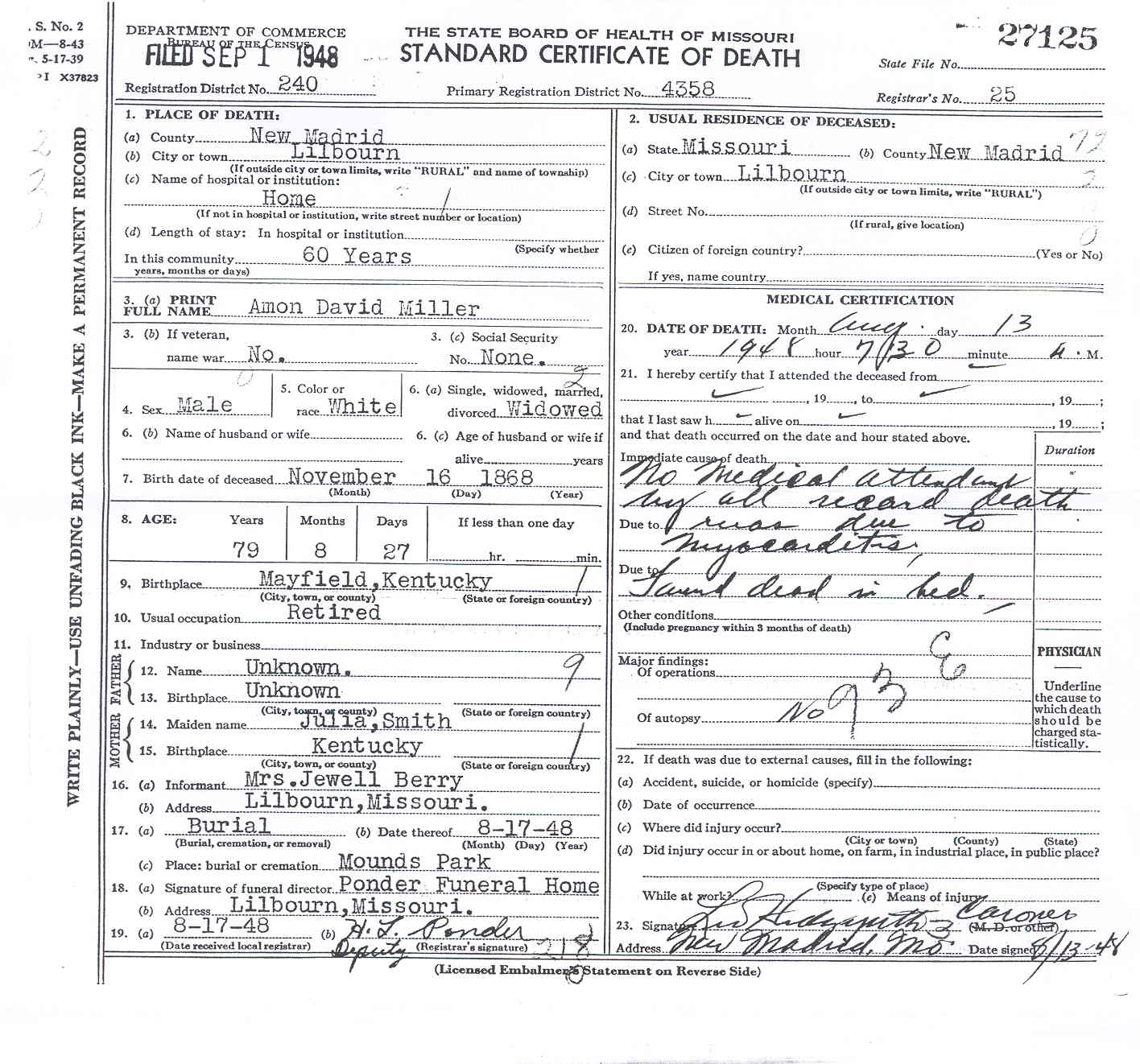 Amon David Miller Death Certificate