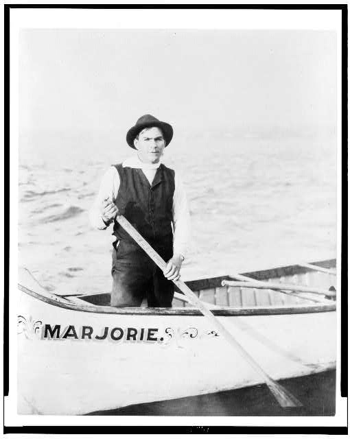 [Indian guide for the rapids, standing in canoe, in the...