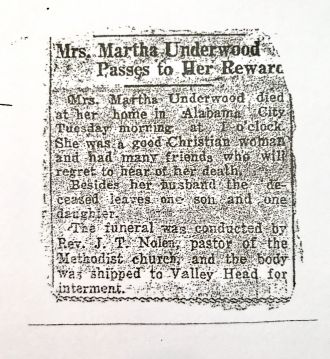 Martha Matilda Morris Underwood Obituary