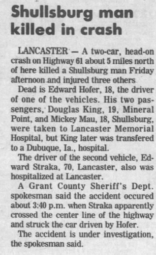 Shullsburg man killed in crash
