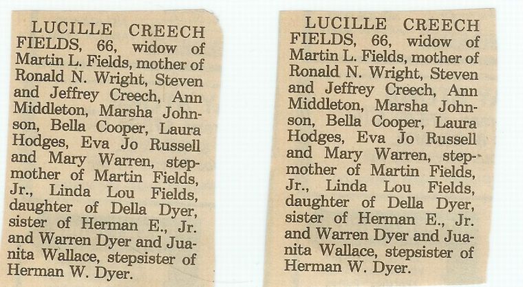 Death Notice of Lucille{Dyer} Wright,Creech,Fields