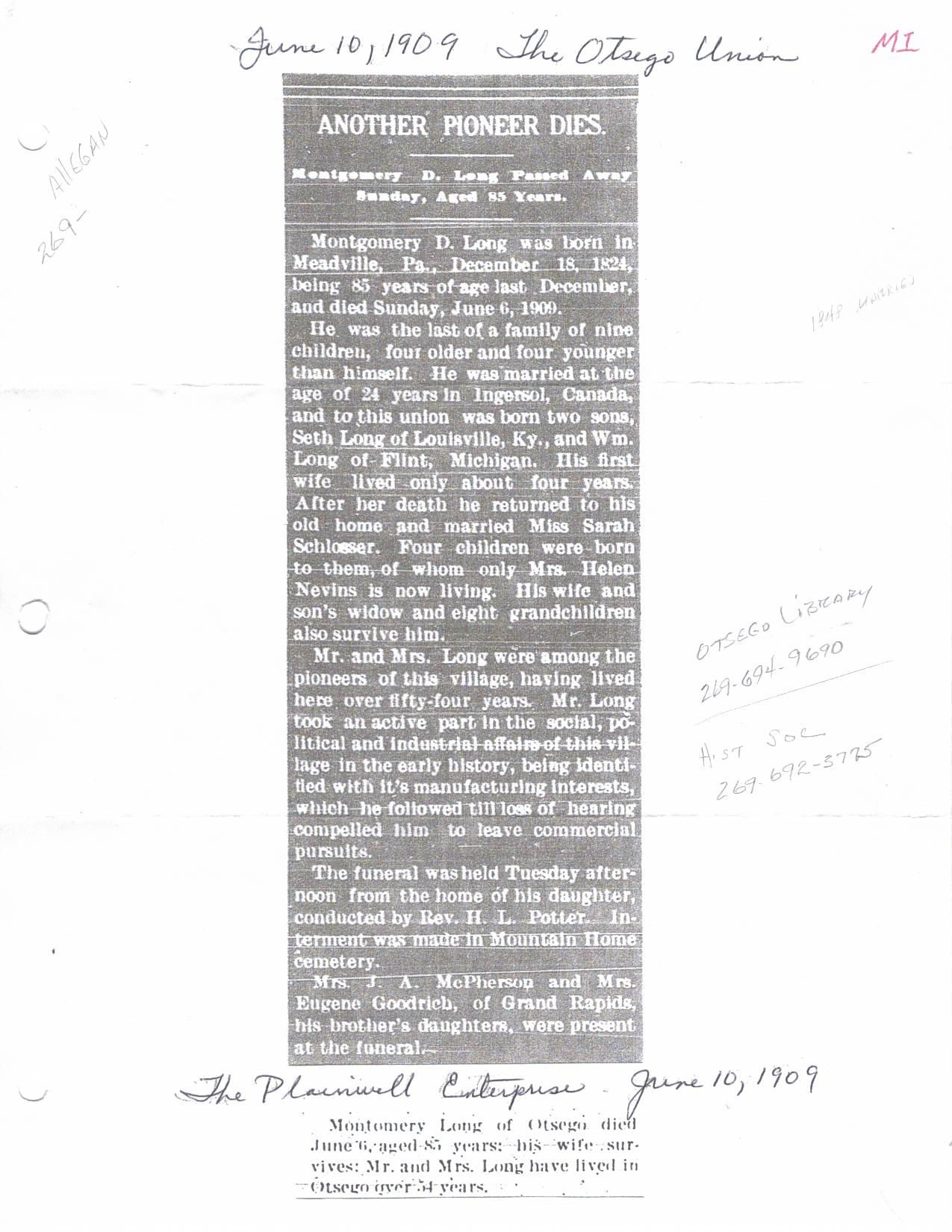 Montgomery D Long obituary   