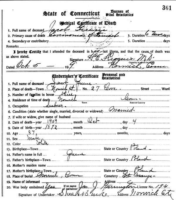 Jacob Greene Death Cert 