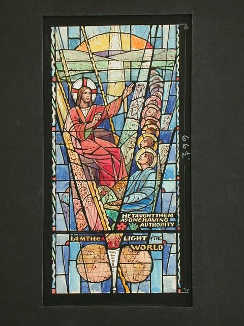 [Design drawing for stained glass window with text "I Am...
