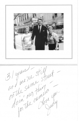 Judy and Sandy with cardboard Ronald Reagan in Manhattan.