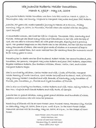 Obiturary of Ida Juanita Roberts