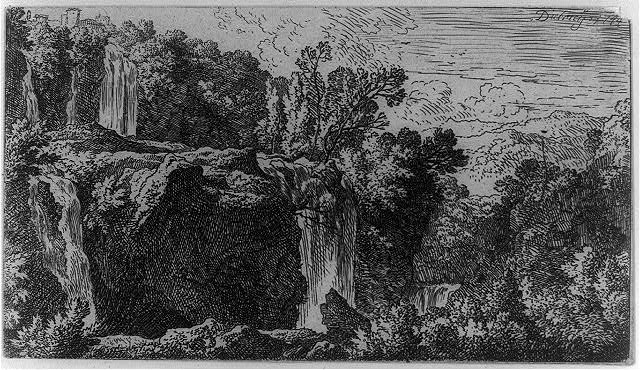 Landscape with rough terrain and waterfall