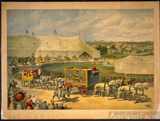 Parade with lion in cage on wagon, circus tent in