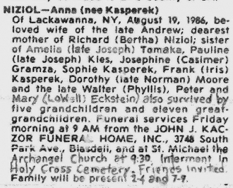 Anna (Kasperek) Niziol obituary on 19 Aug 1986. 