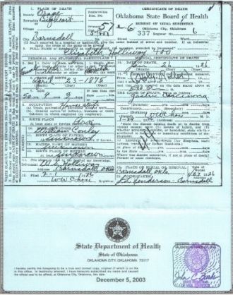 Sarah Elizabeth Lizzie Condley, death cert