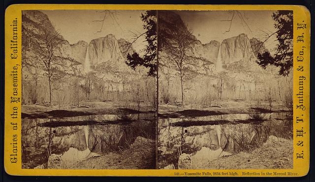 Yosemite Falls, 2634 feet high. Reflection in the Merced...