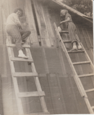 Two Women On Ladders Painting A Barn ~ Springdale