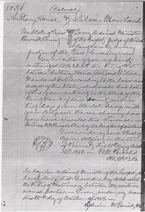 Anthony House and Dilsey Moreland Marriage Record
