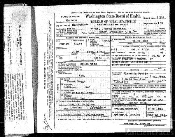 Nancy (Boggs) Ferguson Death Certificate
