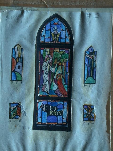 [Design drawing for stained glass window with text "He...
