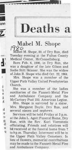 Mabel M. Shope obituary, 1980