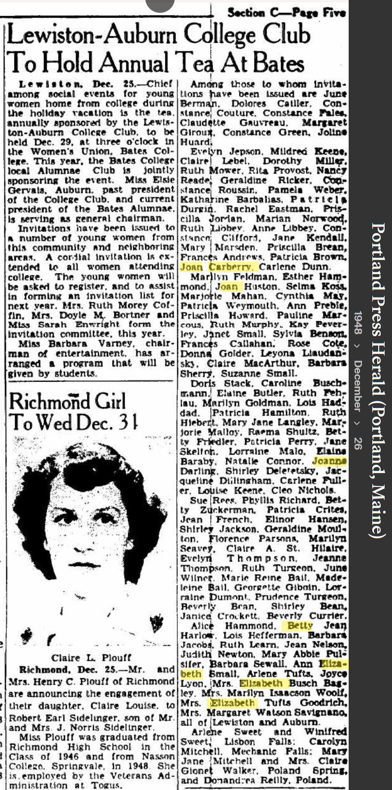Joan Elizabeth (Carberry) Connellan --Portland Press Herald (Portland, Maine)(26 dec 1948)