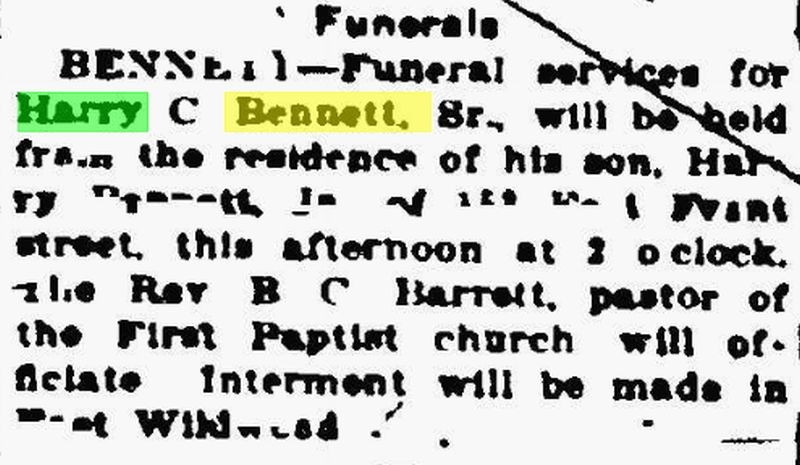 Harry Clay Bennett funeral announcement