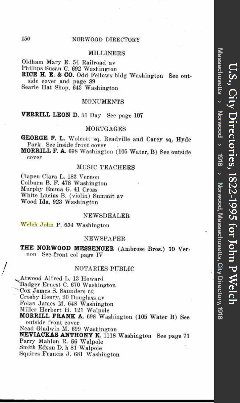 John Patrick Welch --U.S., City Directories, 1822-1995(1918) business