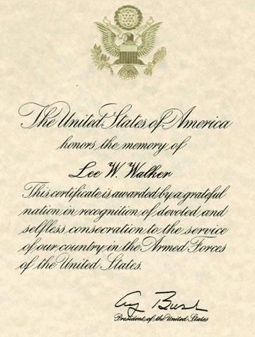 Lee W. Walker, Certificate of Appreciation