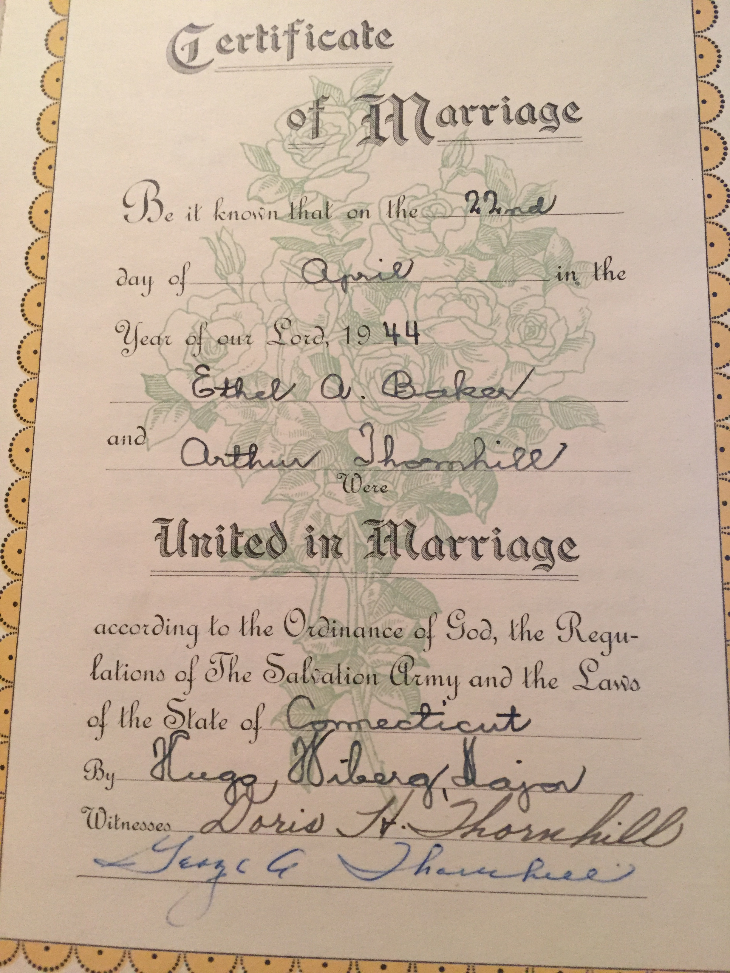 Marriage Certificate to Ethel R. Baker